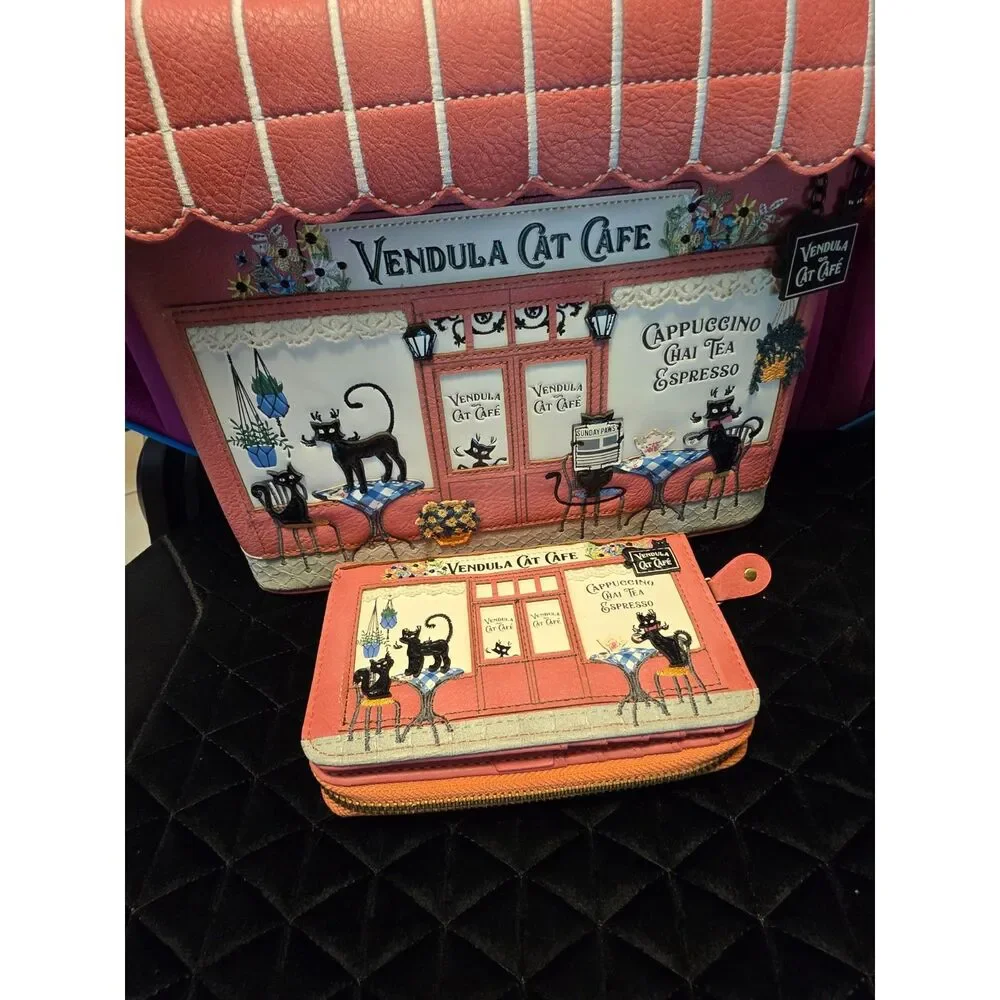 Vendula London Cat Cafe Grab Bag Matching Wallet - Retired (Damaged Handles) - Picture 5 of 10